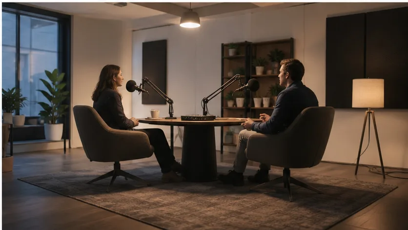 播客录制室中的访谈节目画面。