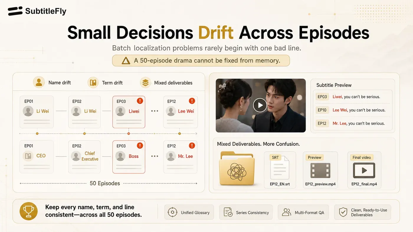 SubtitleFly shows how small localization decisions drift across episodes languages and files