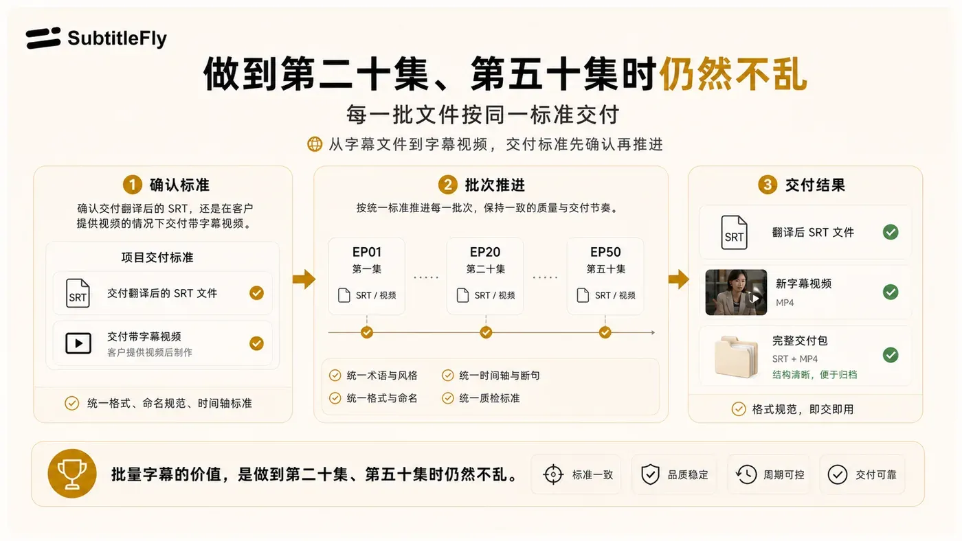 SubtitleFly 按统一标准推进不同批次并交付 SRT 或字幕视频